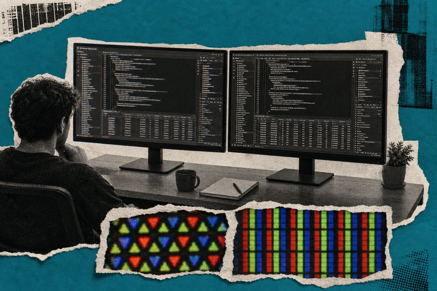 The same fine desktop text is compared on OLED and RGB-stripe Mini-LED monitors at native resolution.