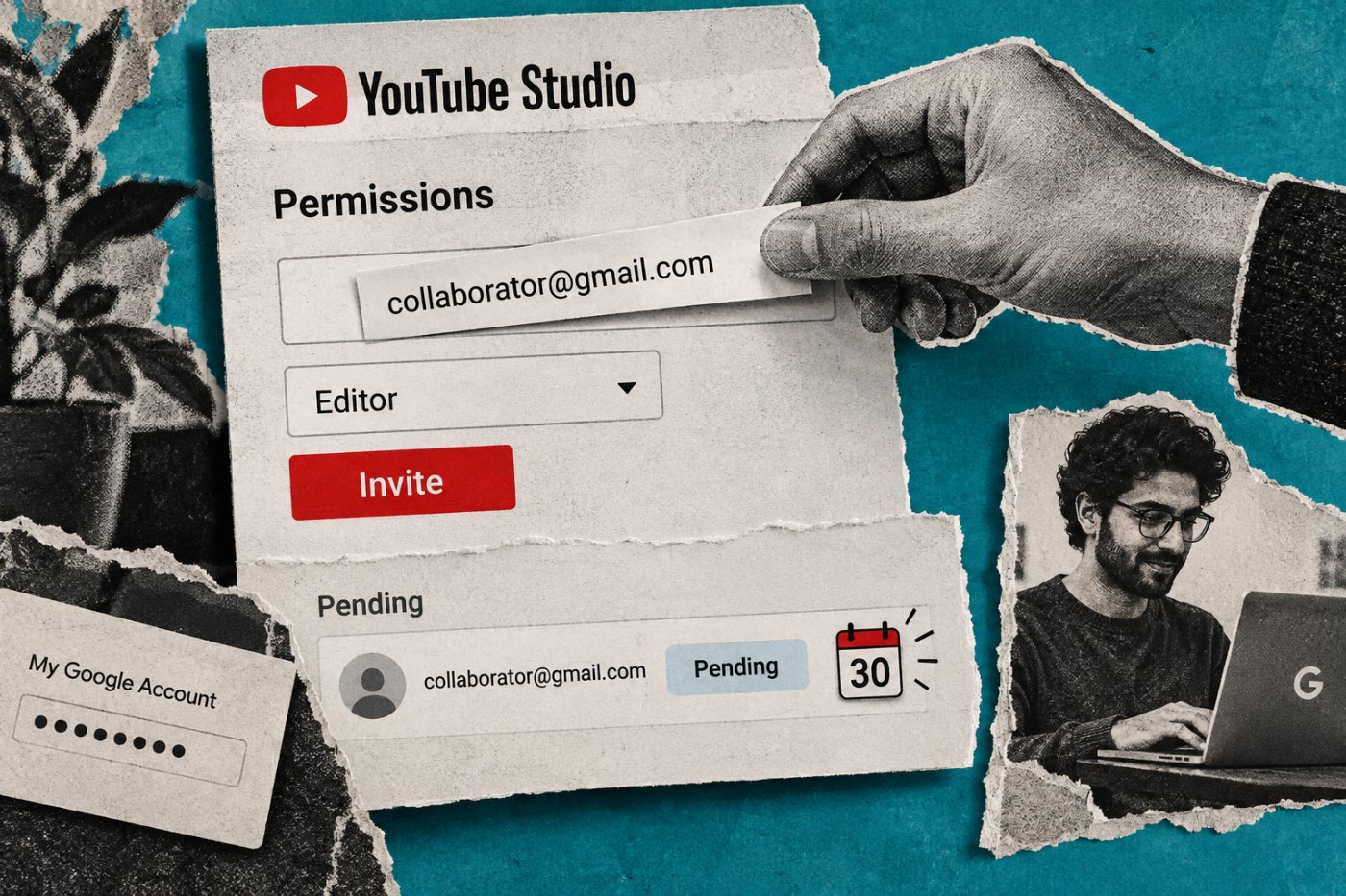 YouTube Studio میں الگ Google Account کو محدود role کی 30 روزہ دعوت بھیجنے کا عمل