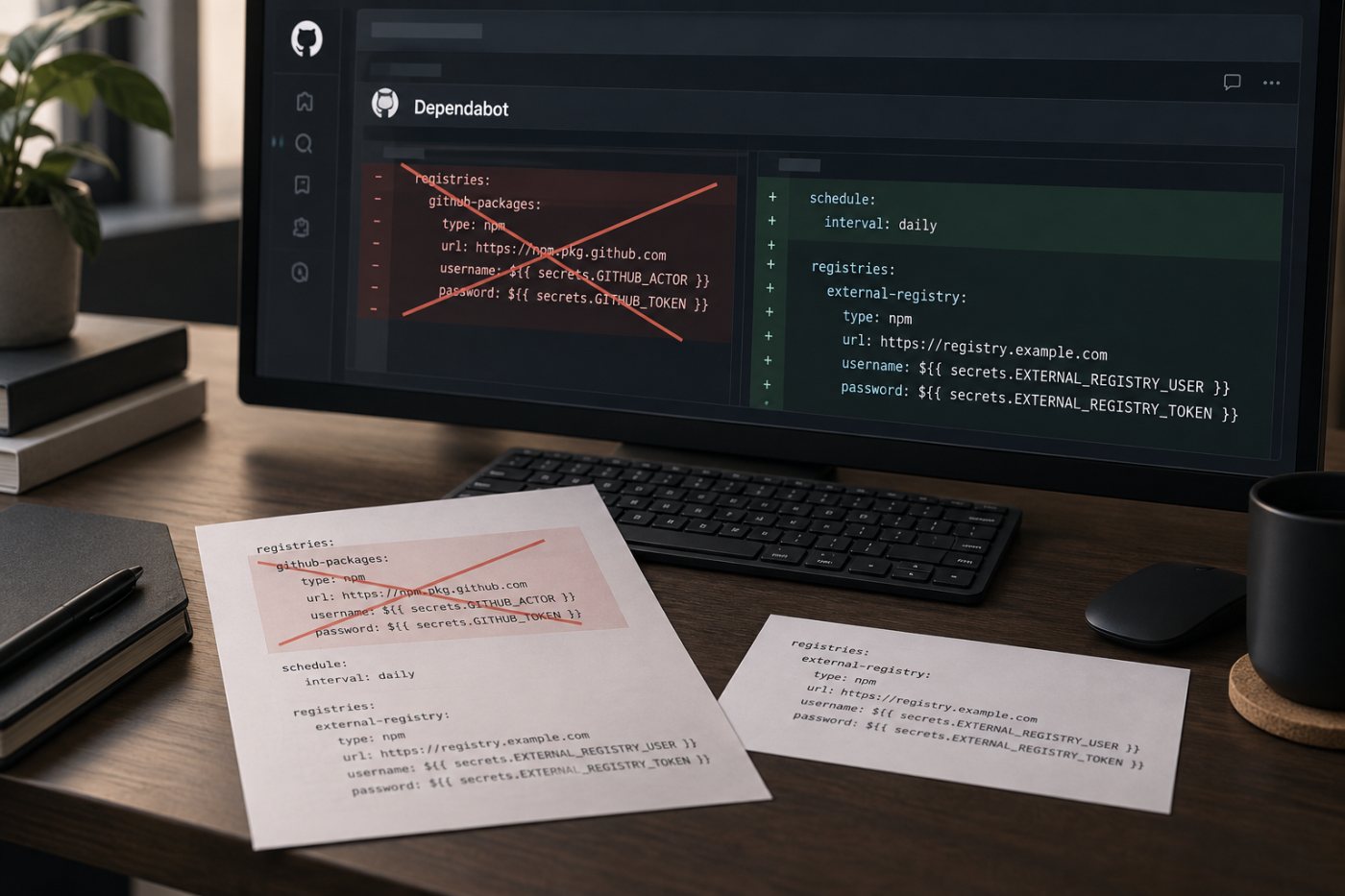 GitHub Packages용 PAT 항목만 제거하고 외부 레지스트리 인증은 유지한 Dependabot 구성