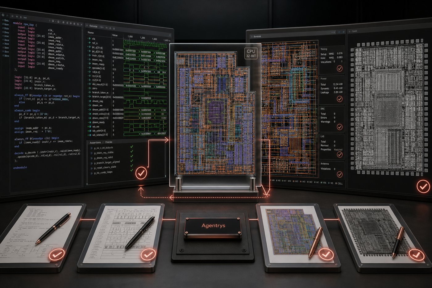 Fluxo multiagente da Agentrys conduz uma CPU de 32 bits da especificação ao layout GDS validado.