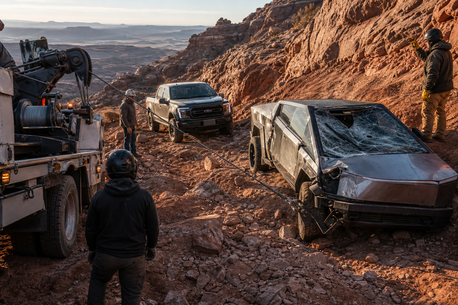 A recovery crew extracts an immobilized Cybertruck and F-150 from difficult Moab terrain