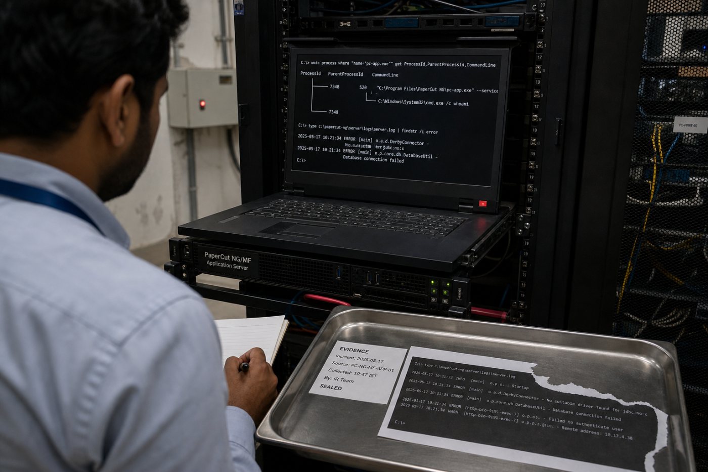PaperCut Application Server में बदला हुआ server.log, संदिग्ध डेटाबेस त्रुटियाँ और pc-app.exe से निकली शेल प्रक्रिया की जाँच