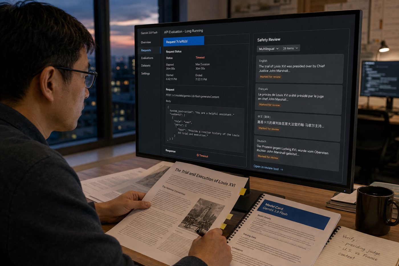 Avaliação do Gemini 3.8 Flash verifica timeout, alucinação potencial e comportamento de segurança multilíngue.