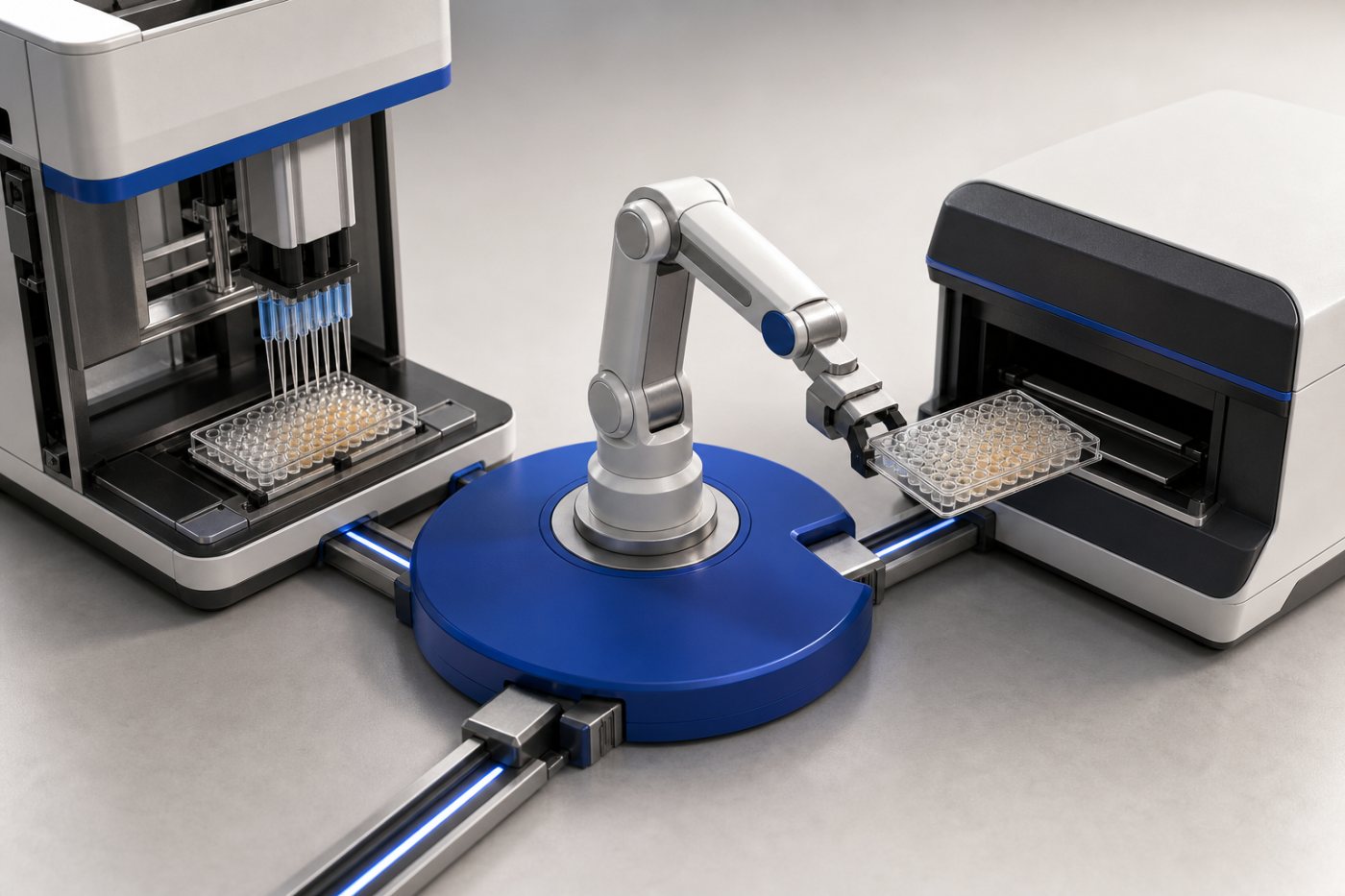 پروٹین assay میں liquid handler، robotic arm اور plate reader کی مربوط خودکار کارروائی
