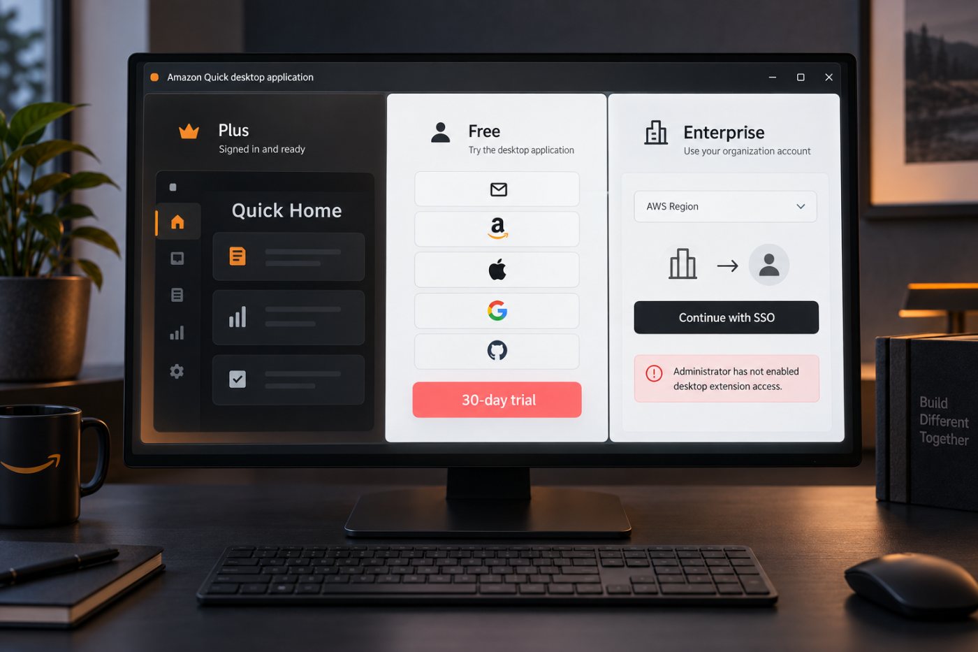 Amazon Quick desktop onboarding separates Plus access, a 30-day Free trial, and administrator-gated Enterprise sign-in