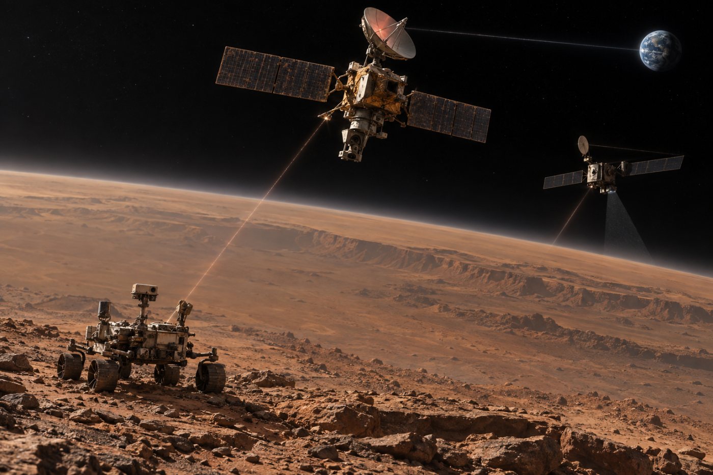 Mars Odyssey와 Mars Reconnaissance Orbiter가 과학 관측과 탐사차 데이터 중계를 함께 수행하는 상황
