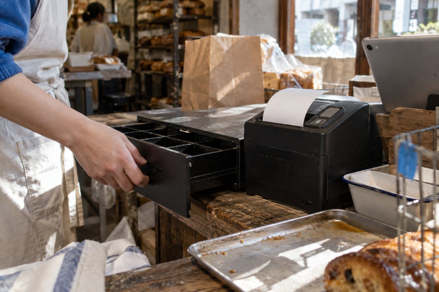 店舗の会計に使うiPad、レシートプリンター、キャッシュドロア。POSの月額料金とは別に機器費用がかかる。