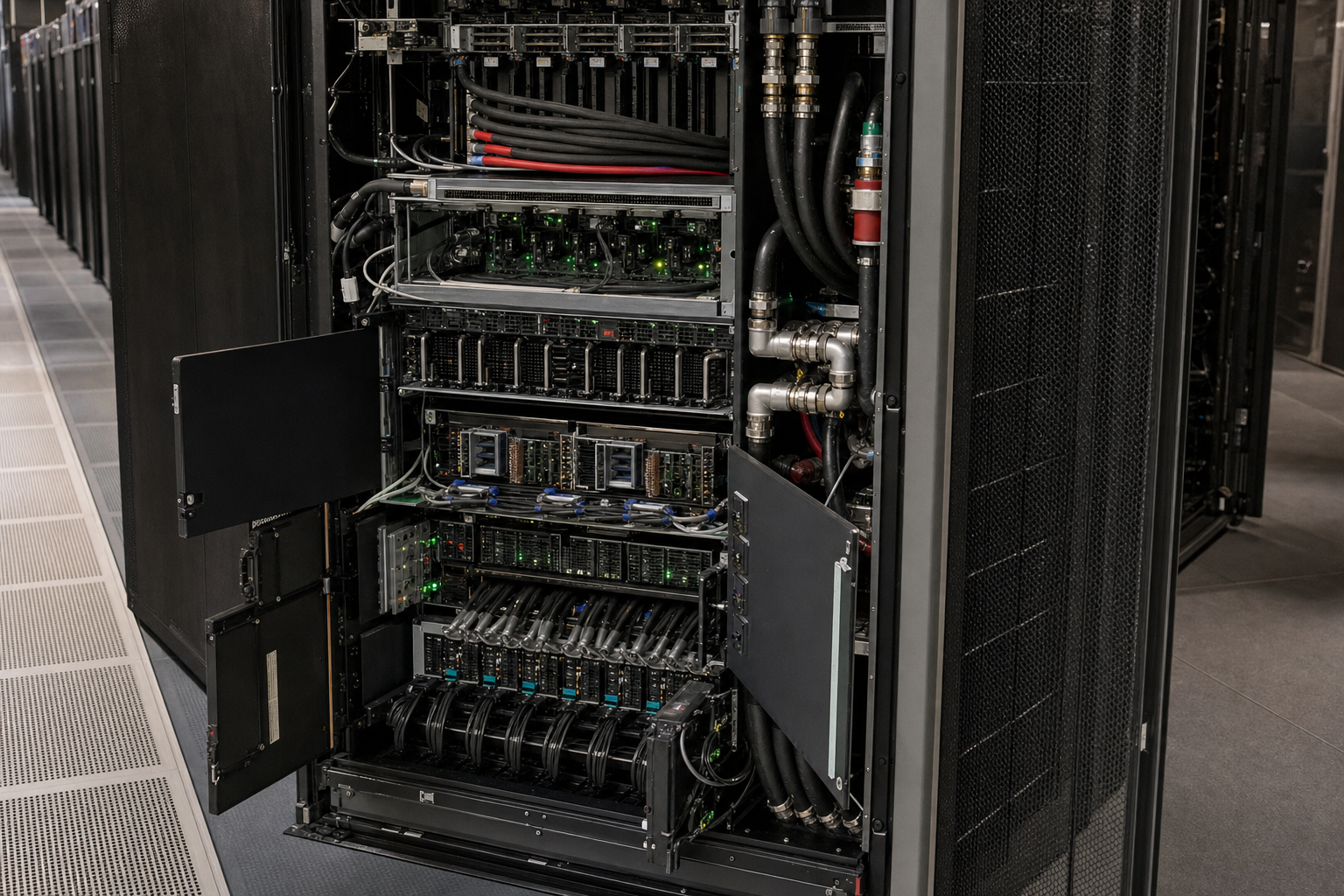 AMD Helios rack with accelerator, CPU, networking and cooling components