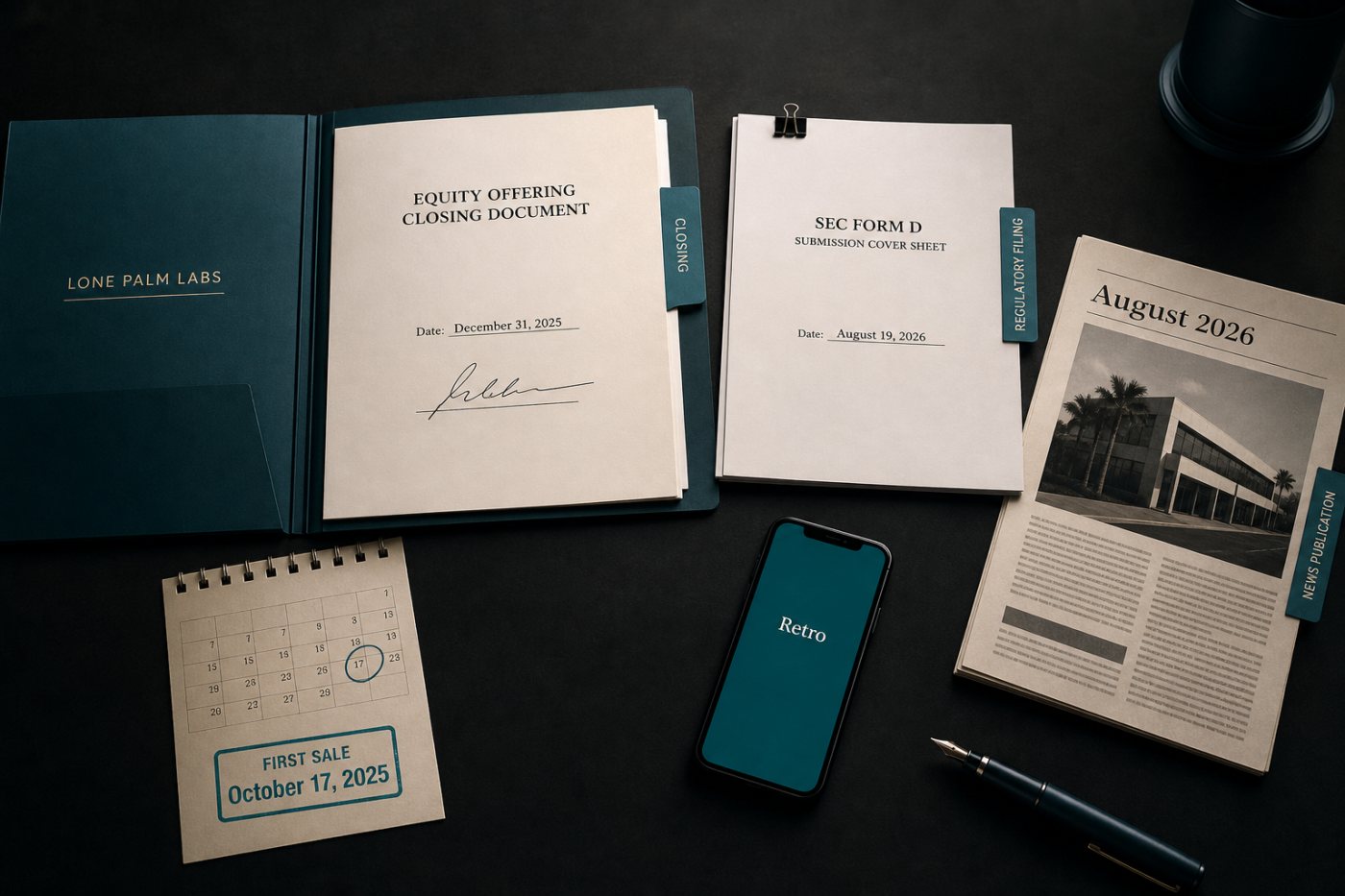 Cronología de Lone Palm Labs que separa primera venta, cierre, presentación ante la SEC y publicación sobre Retro