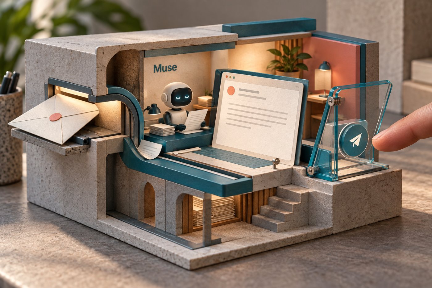 Muse prépare un courriel à partir d’un compte connecté, tandis que l’envoi reste soumis à l’autorisation de l’utilisateur.