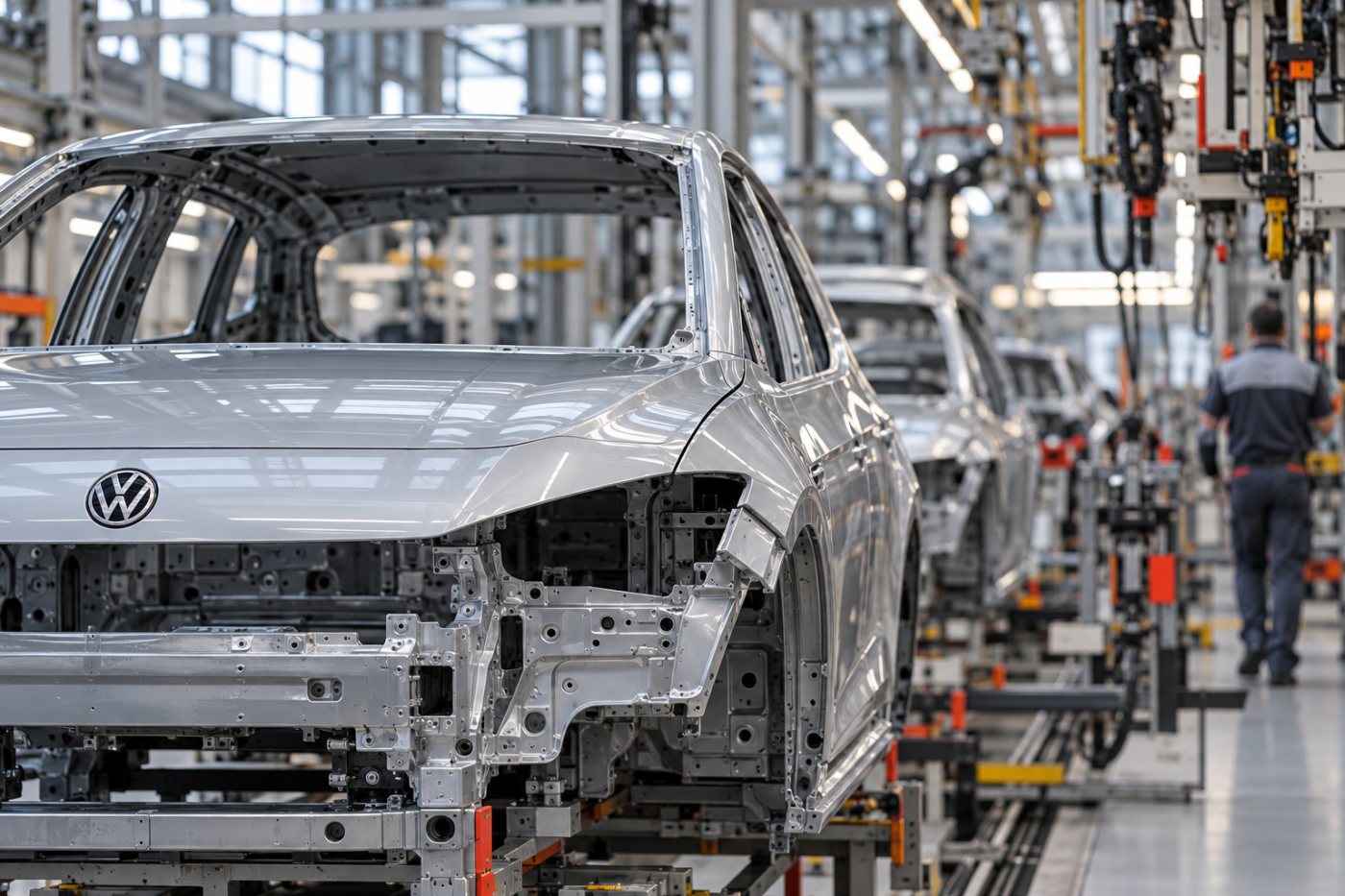 Volkswagen-Fahrzeug in der Produktion als Beispiel für einen der Geschäftsbereiche, in denen der Konzern Copilot einsetzt.
