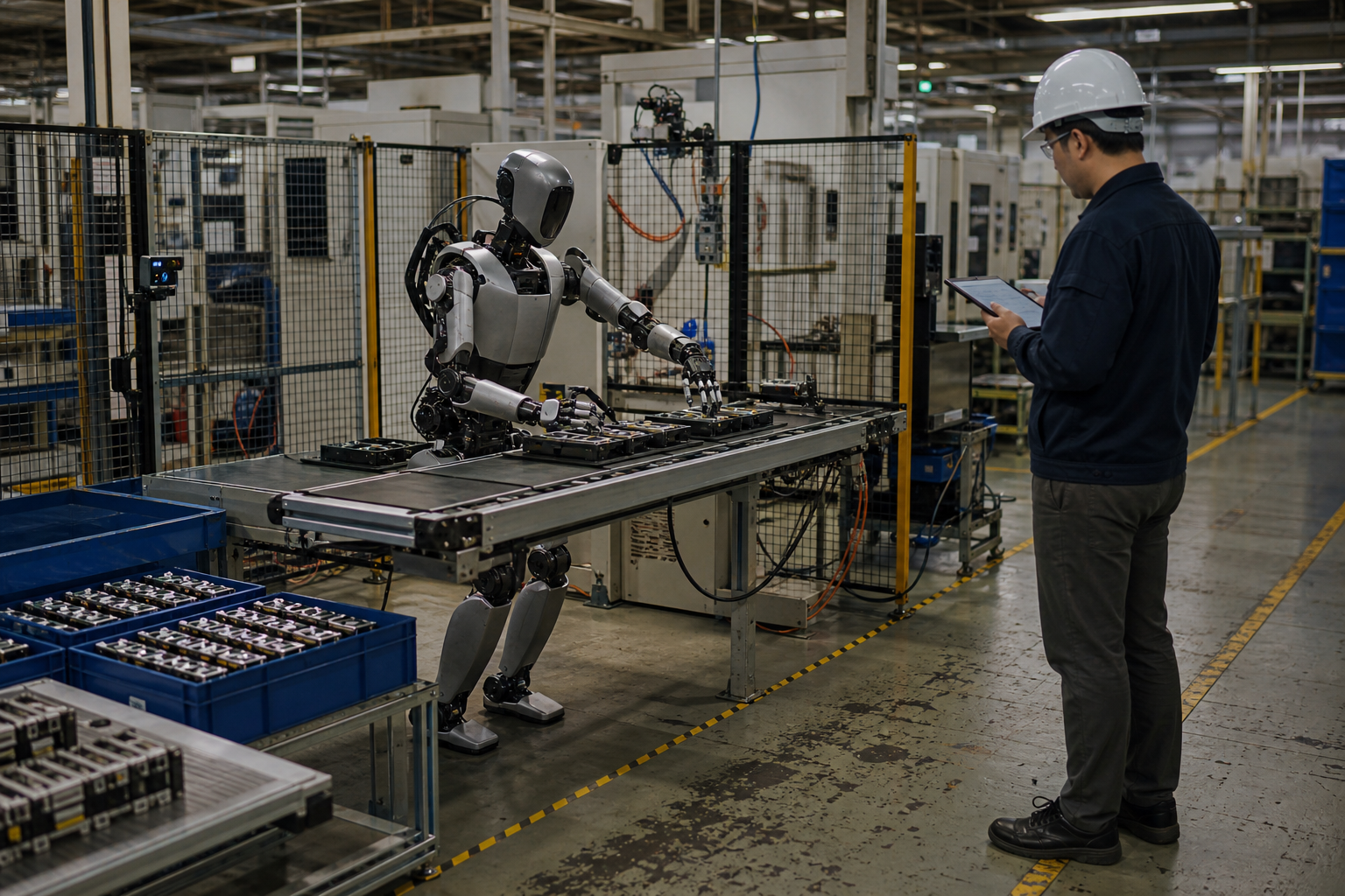 A Samsung factory pilot measures a humanoid robot’s repeatable assembly work before wider commercialization.