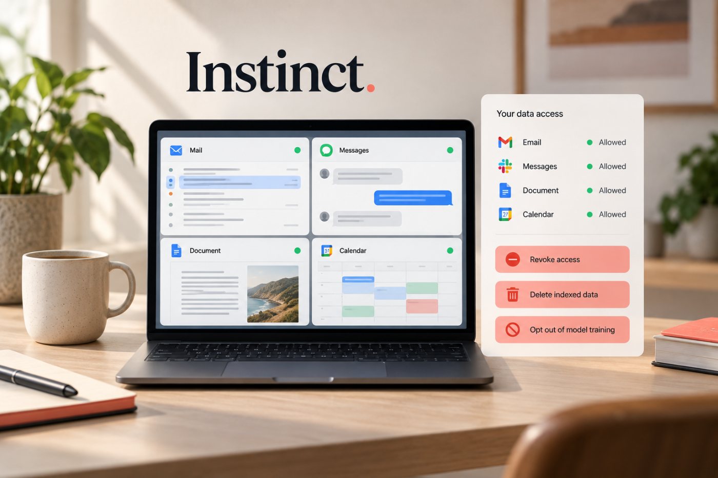 Instinct assistant کی connected services تک اجازت اور access، data deletion اور training opt-out کے الگ controls
