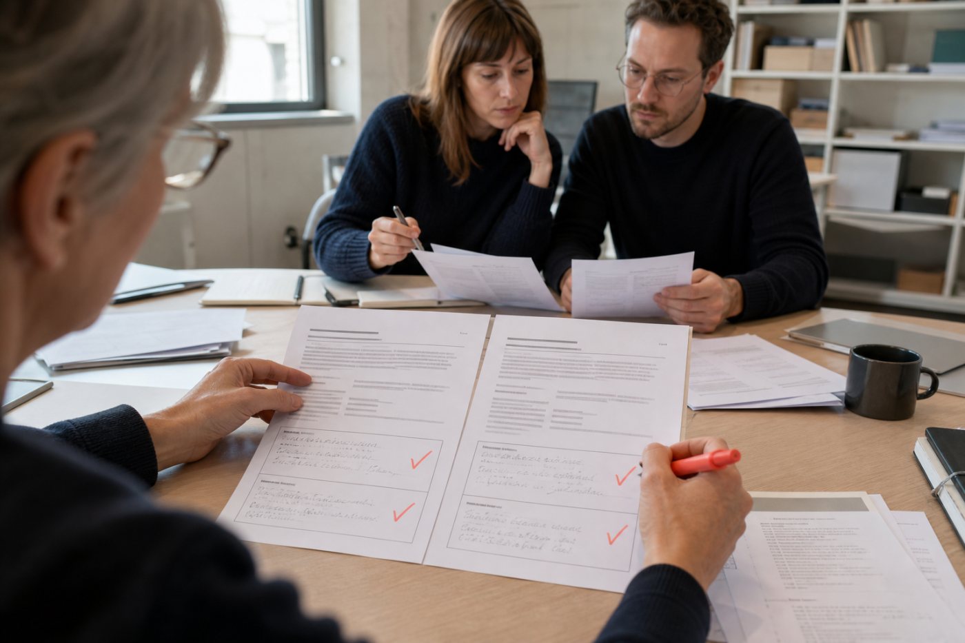 Ein Arbeitsteam vergleicht manuelle und KI-gestützte Aufgaben anhand von Erstversuch, Nacharbeit und Gesamtzeit.