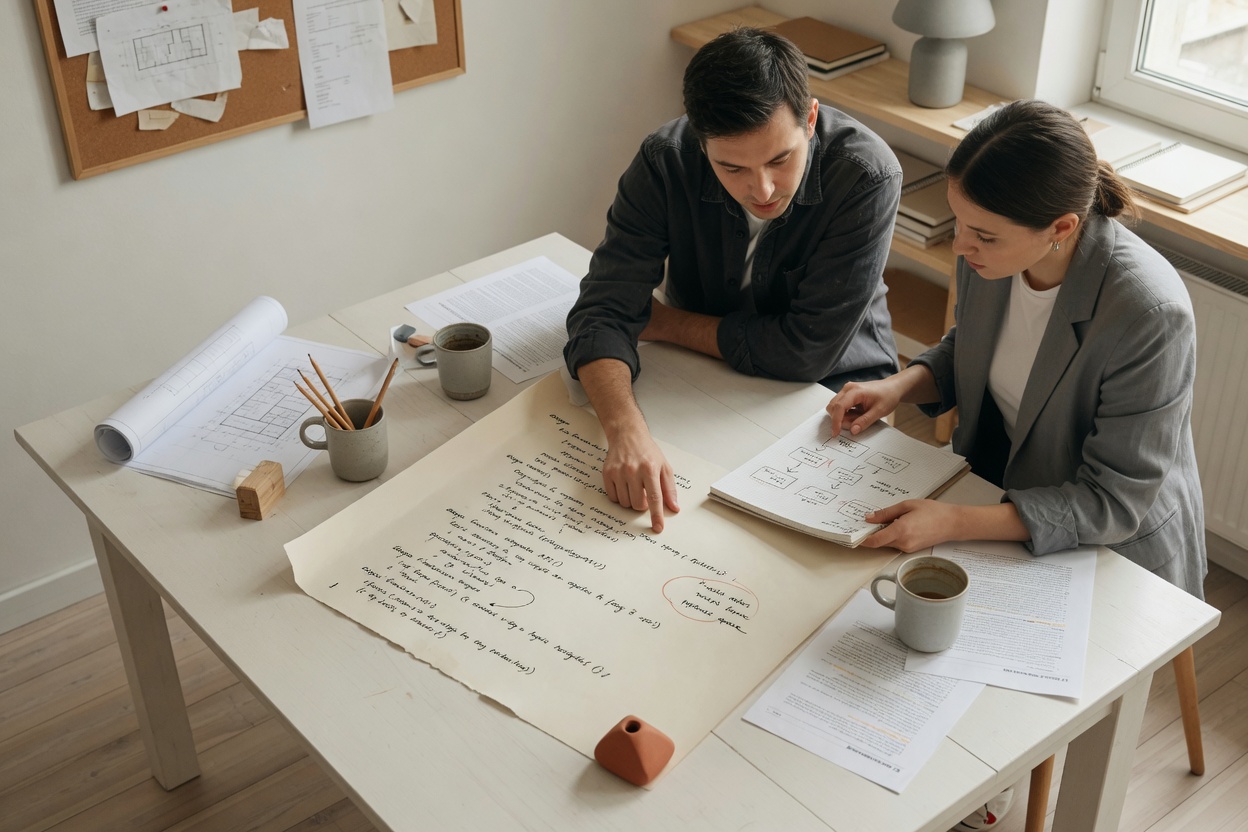 Developer and manager reviewing project notes for AI integration