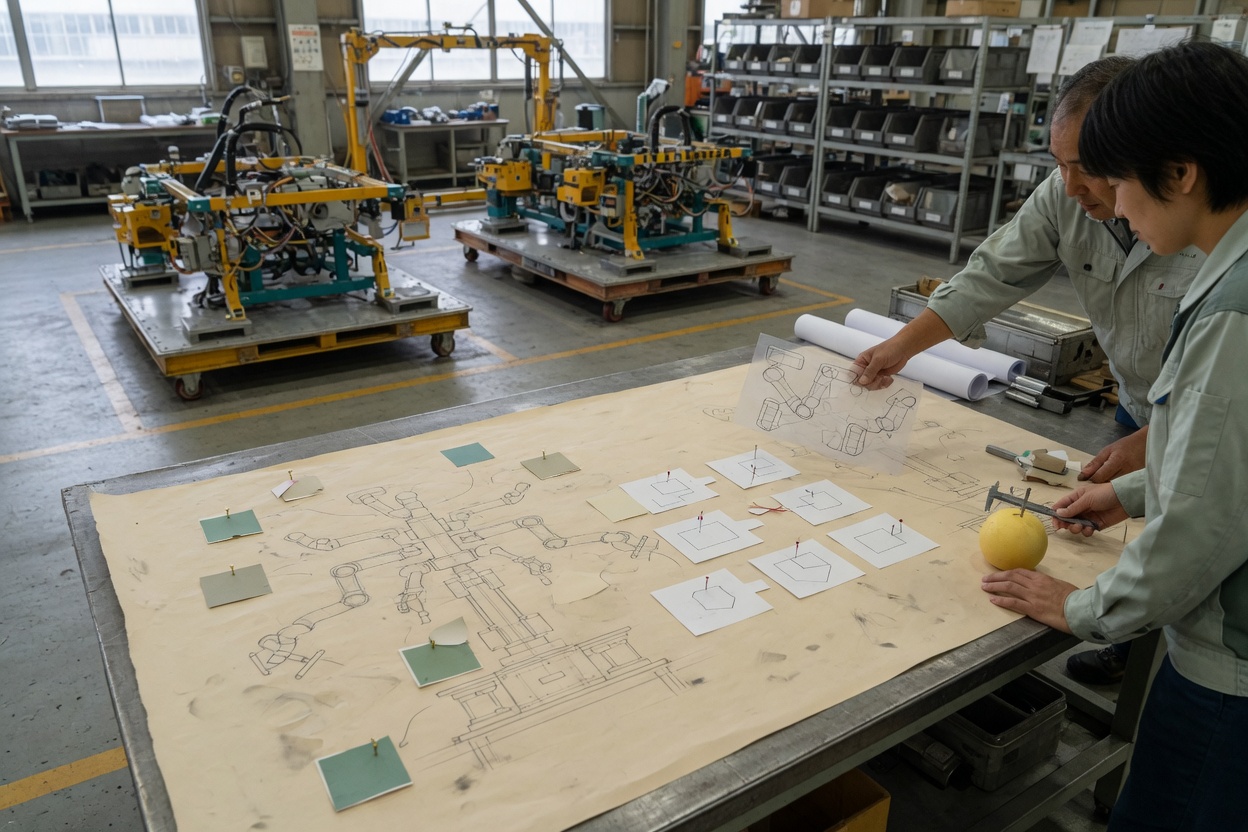 Engineers examining documents related to robot development in a lab setting
