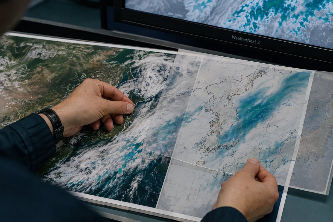 최신 정지궤도 위성 관측을 받아 한 시간마다 한국 주변 예보를 새로 만드는 WeatherNext 3