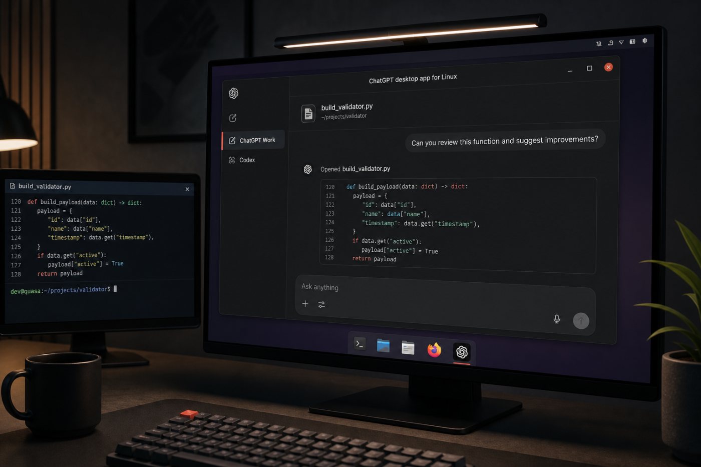 Un projet Linux local est utilisé dans un espace réunissant ChatGPT Work et Codex.