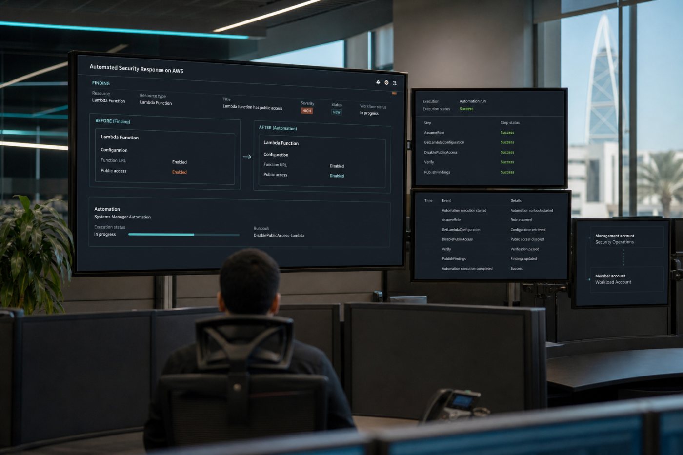 انتقال العثور من Security Hub إلى Systems Manager Automation وتسجيل نتيجة معالجة المورد المستهدف