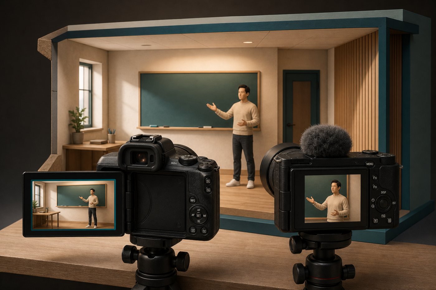 छोटे शिक्षण कमरे में Canon EOS R50 और Sony ZV-E10 की अलग 4K फ्रेम चौड़ाई की तुलना