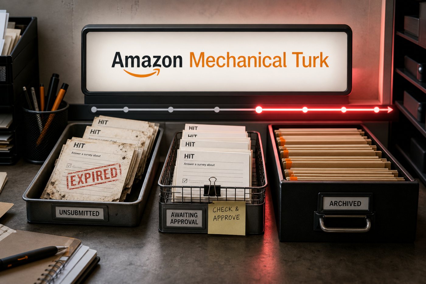 Các trạng thái vận hành của MTurk từ HIT hết hạn ngày 30/9 đến duyệt việc ngày 30/10 và lưu lịch sử tới 28/1/2027