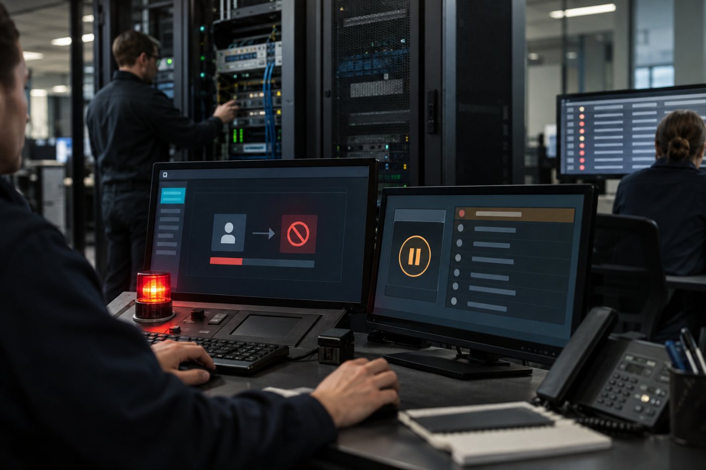 Ein kontrollierter Alarm stoppt neue Modellanfragen, entzieht Werkzeugrechte und erhält die Prüfprotokolle.