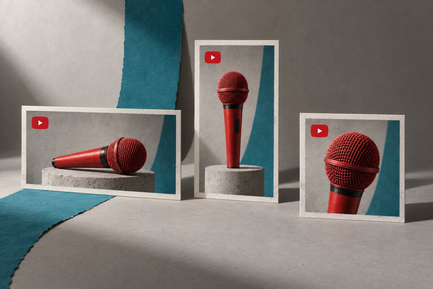 YouTube ভিডিও, Shorts ও podcast-এর জন্য যথাক্রমে ১৬:৯, ৯:১৬ ও ১:১ export frame-এর তুলনা
