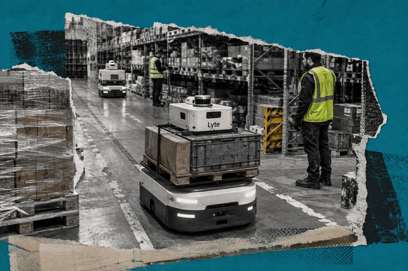 Robots de almacén con percepción de Lyte operan entre estanterías, mercancías y trabajadores.