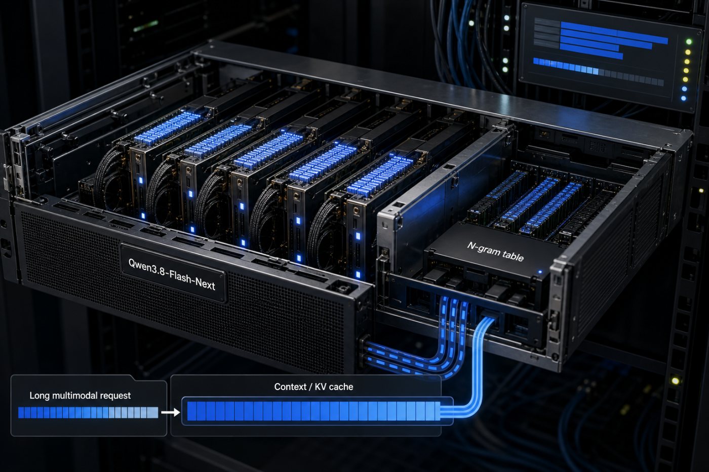 बहु-GPU सर्वर पर Qwen3.8-Flash-Next के भार, मुख्य मेमोरी में N-gram तालिका और बढ़ता संदर्भ कैश