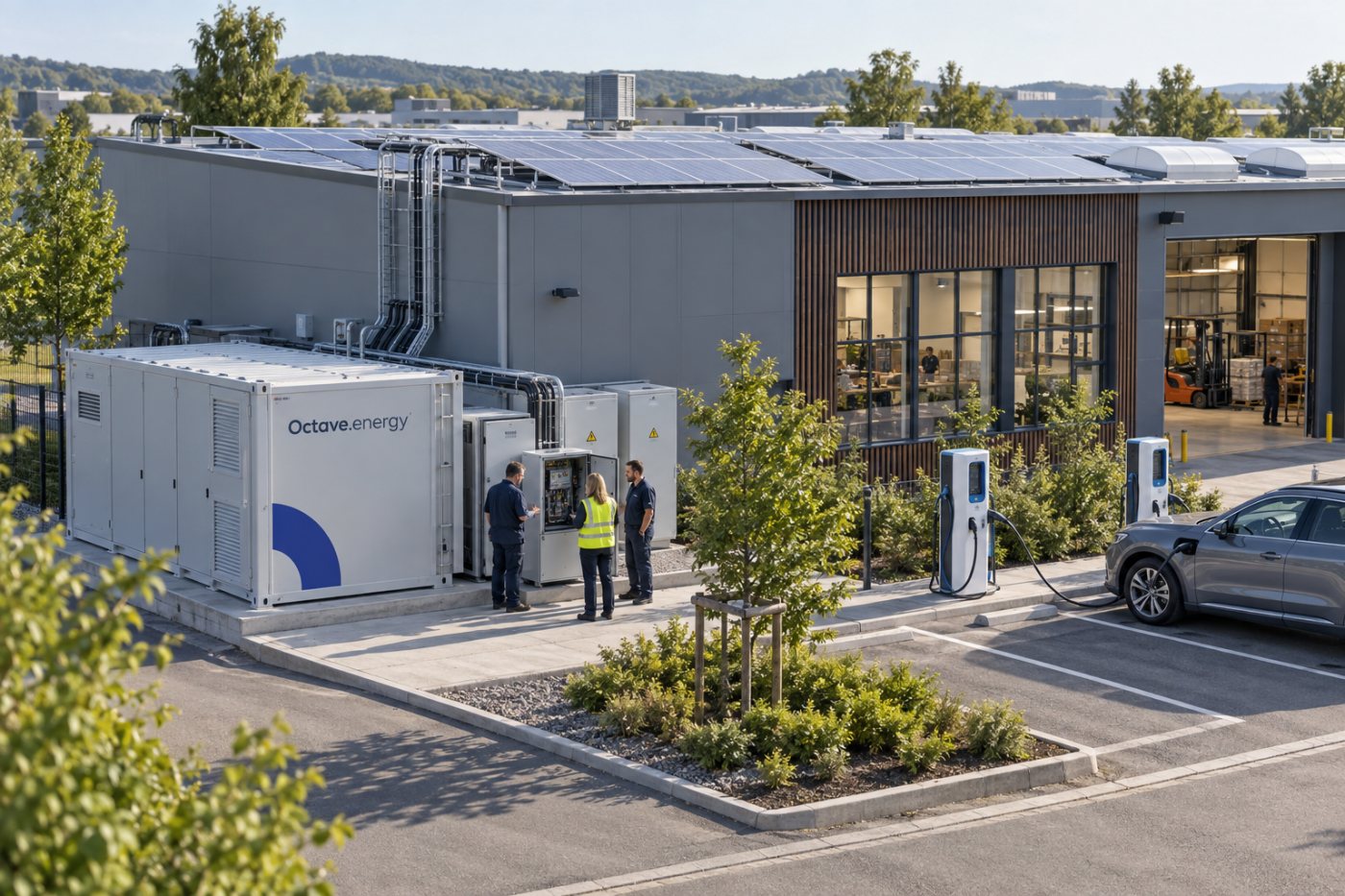 Système d’Octave.energy coordonnant stockage, production solaire et recharge électrique sur un site d’entreprise.