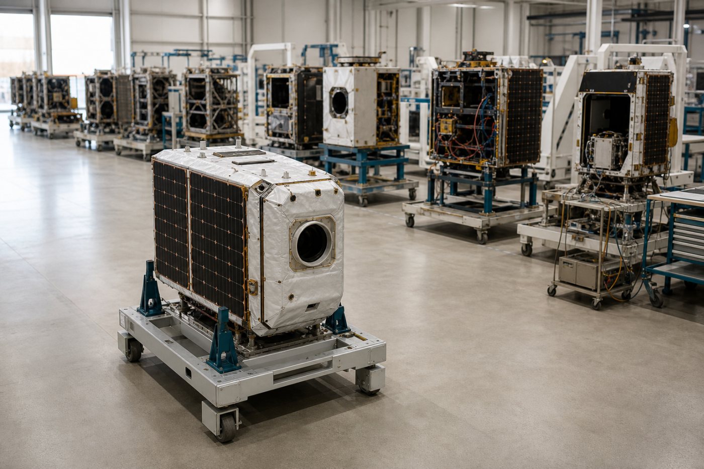 Un satélite terminado frente a unidades de clientes todavía en producción en Muon Space