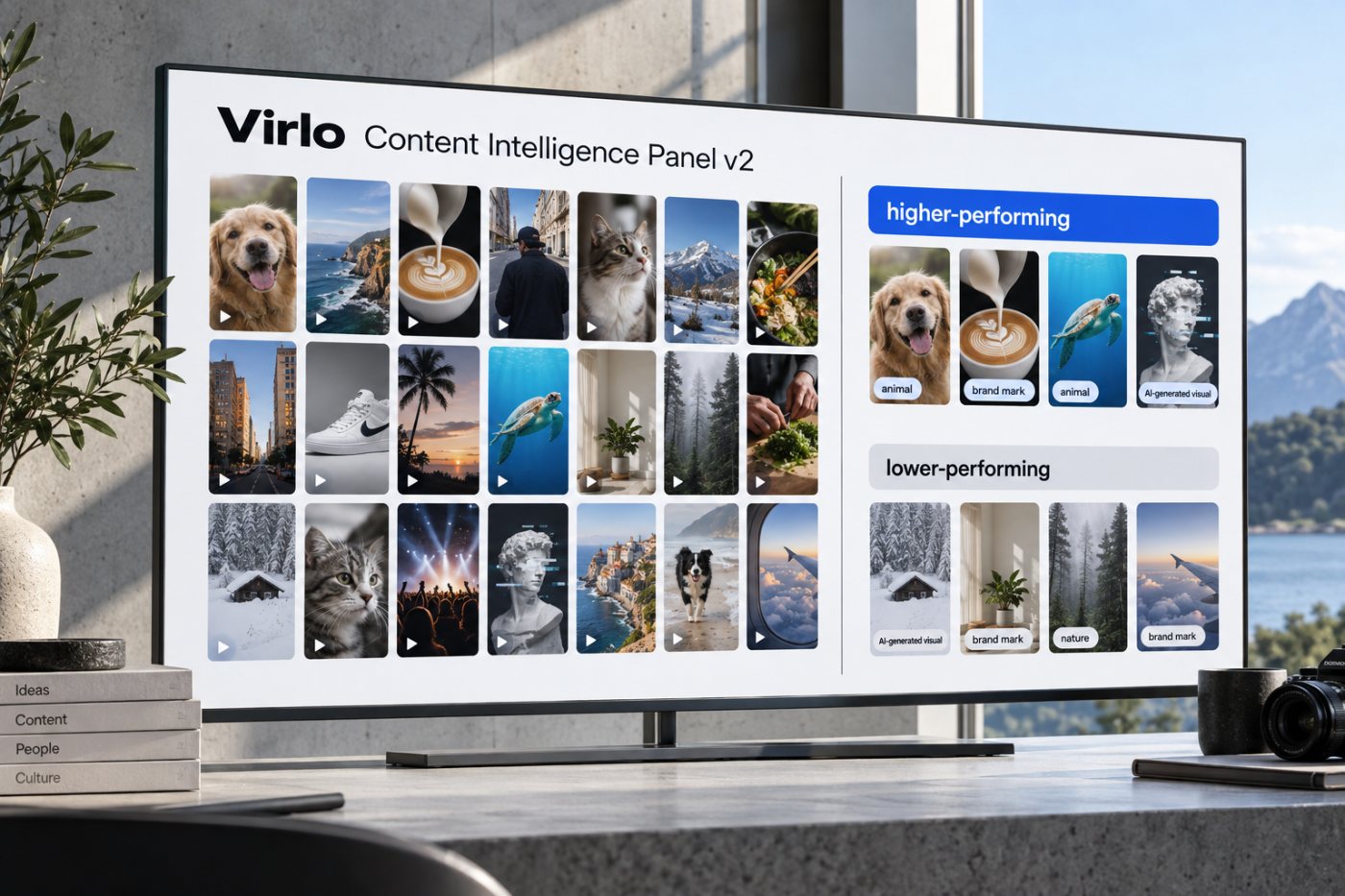 لوحة Virlo Content Intelligence Panel v2 ترتب سمات مجموعة فيديوهات قصيرة بحسب أبعاد الأداء الأعلى والأدنى.