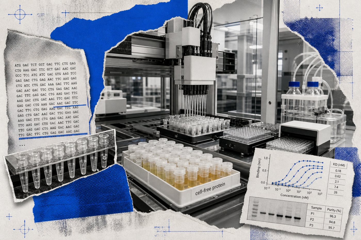 Конвейер Adaptyv Bio проводит последовательность через синтез ДНК, производство белка и измерение связывания.