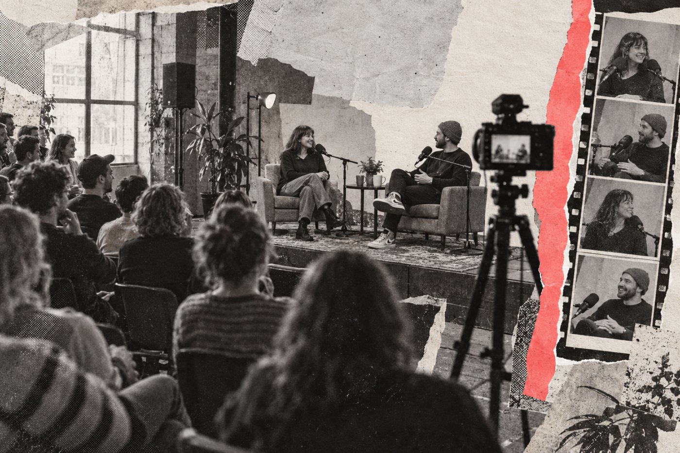 Transmisja podcastu z gośćmi obejmuje występ na żywo oraz osobny materiał do późniejszego montażu.