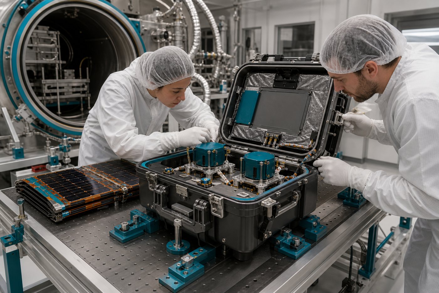 पर्यावरणीय परीक्षणों के बाद NASA Goddard के स्वच्छ कक्ष में तैयार LEMS का निरीक्षण।