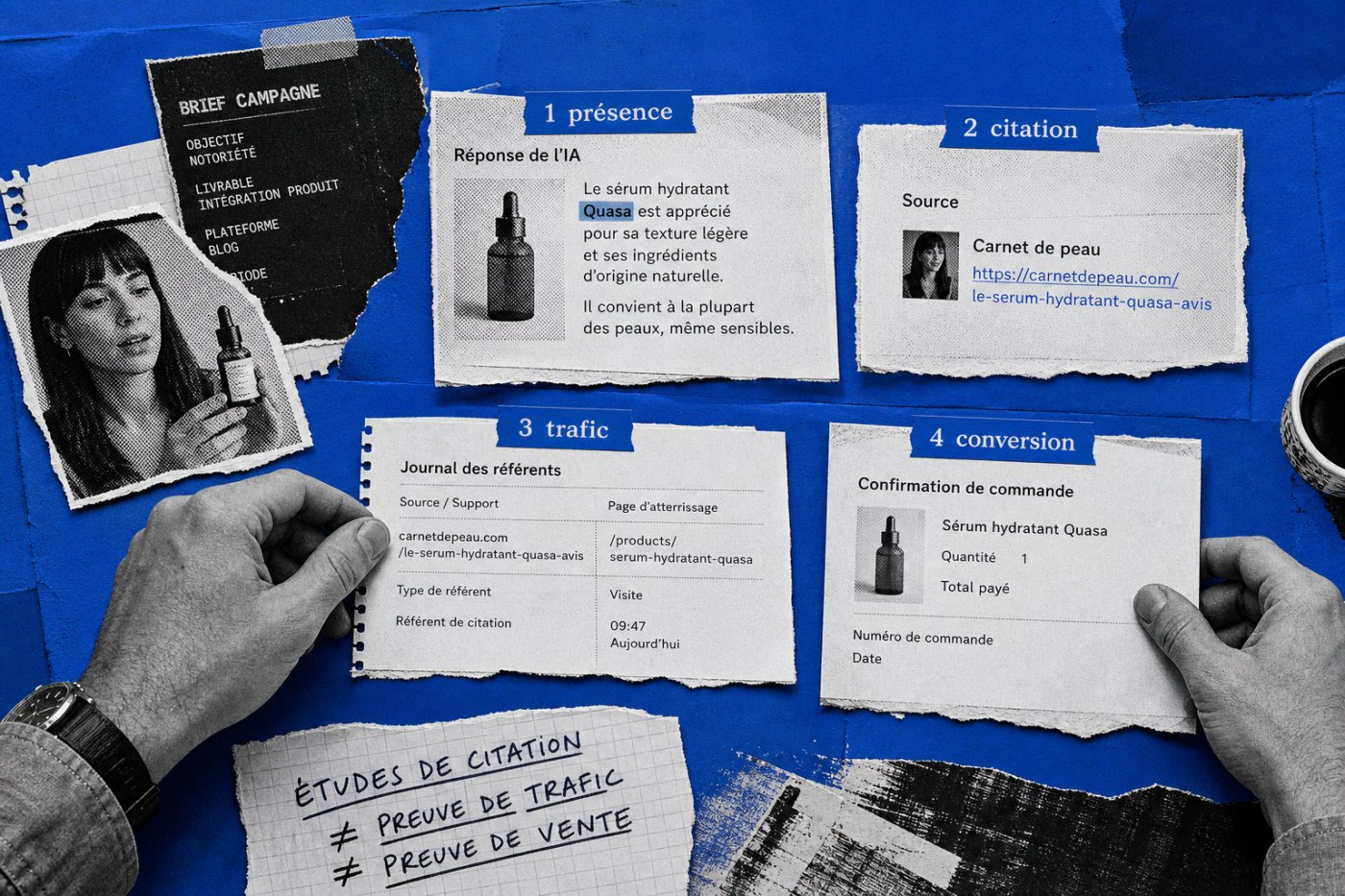 La mesure d’une campagne distingue présence dans une réponse, citation visible, trafic et conversion.