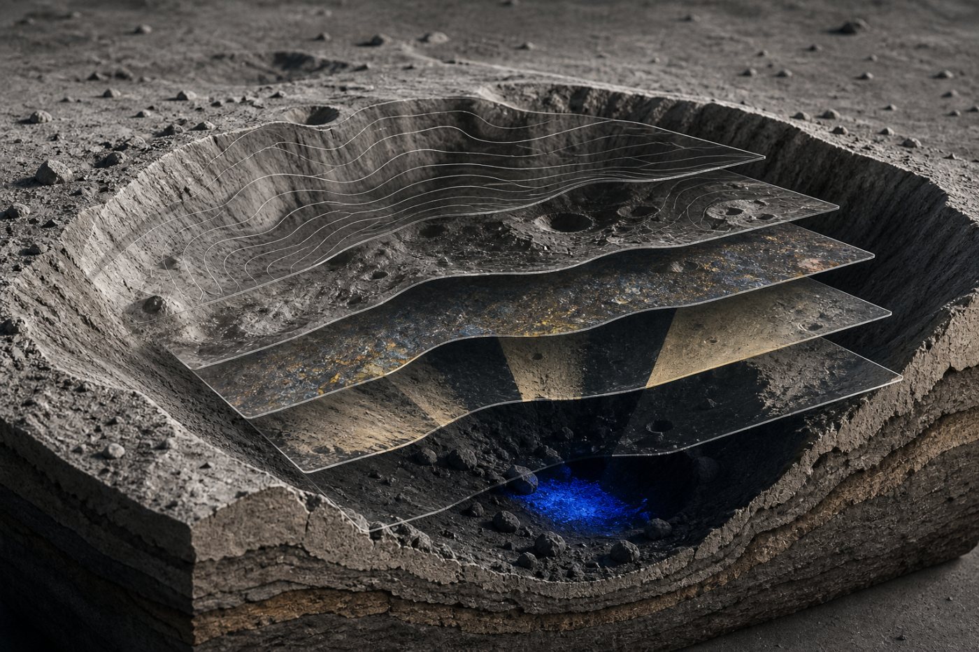 MoonHacker विश्लेषण में स्थायी छाया वाले क्रेटर का संभावित जल-संकेत क्षेत्र, जिसकी स्थल-पुष्टि बाकी है