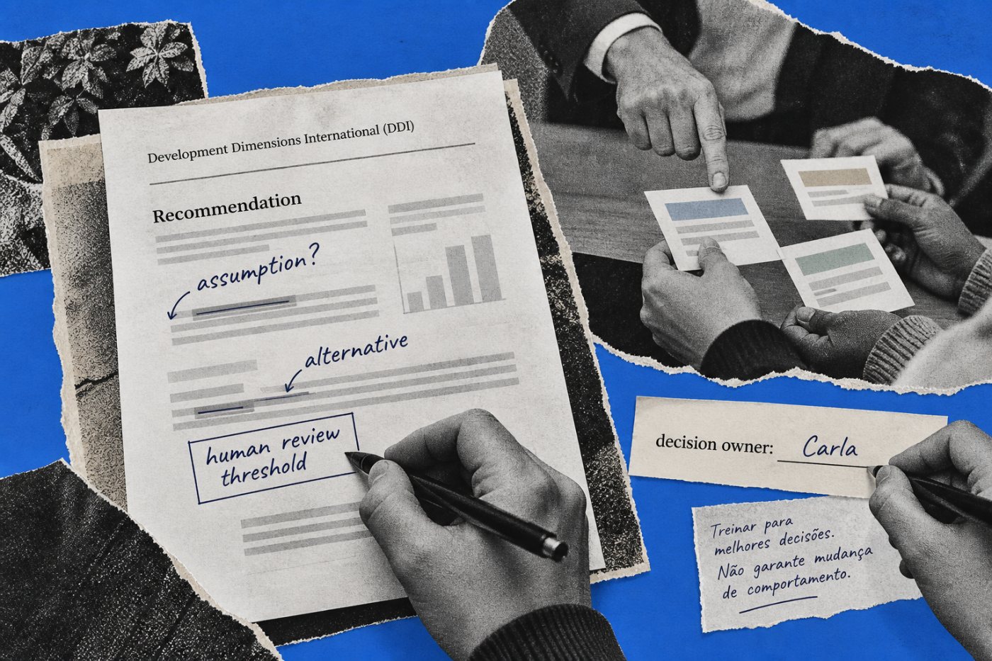 Participantes contestam uma recomendação apoiada por IA e registram o limite de intervenção e o responsável final.