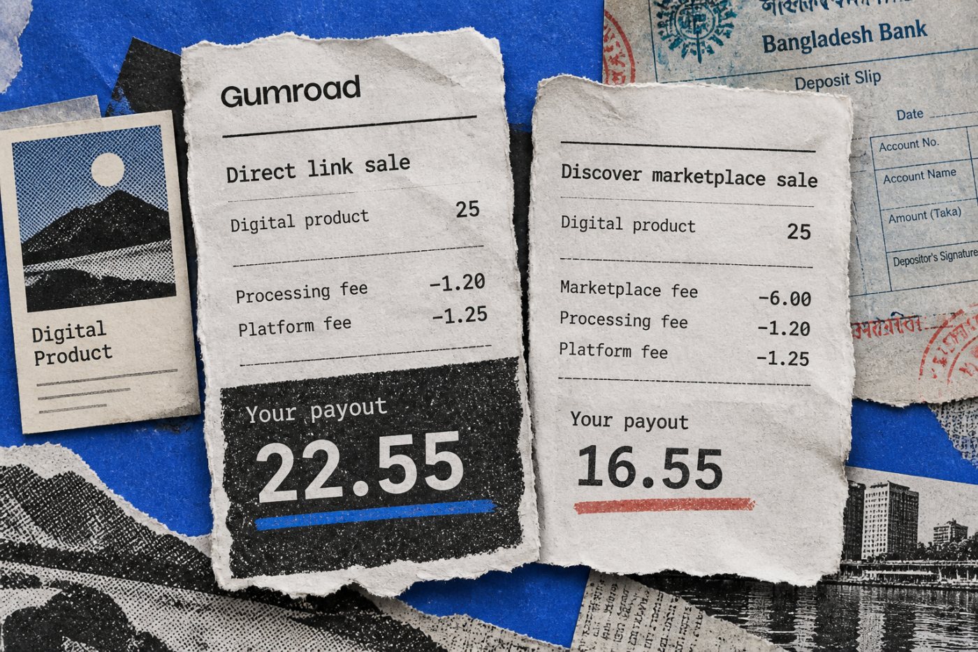 ২৫ ডলারের Gumroad sale-এ direct channel-এ ২২ ডলার ও Discover-এ ১৭.৫০ ডলার অবশিষ্ট থাকার তুলনা