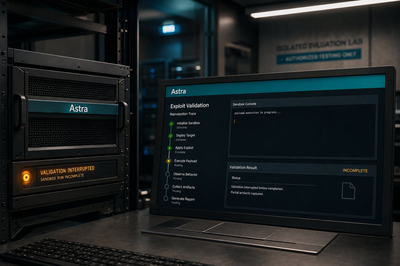 Astra monitoring stops an authorized defensive API task before exploit validation is completed.