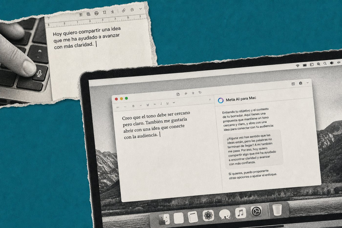Meta AI para Mac recibe el contexto de una ventana compartida y admite dictado en otra aplicación.