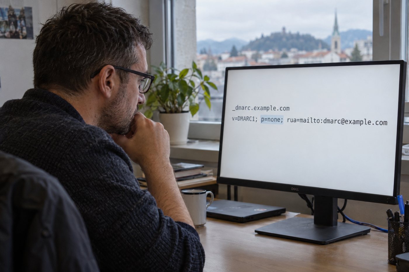 Začetni zapis TXT na _dmarc.example.com določa p=none in naslov za poročila rua.