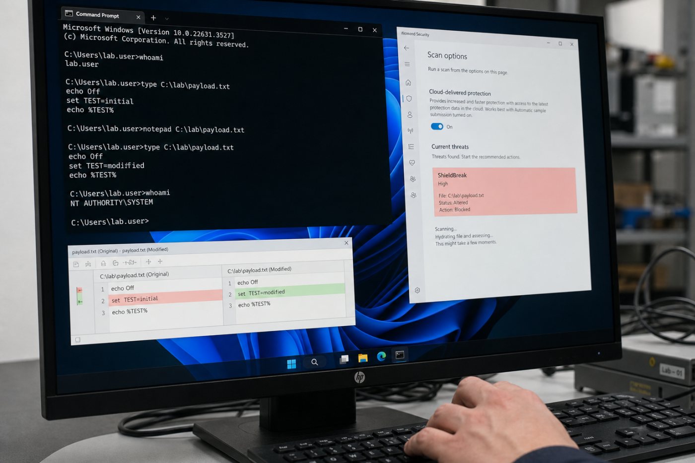 ShieldBreak manipulates a Windows Defender-related operation and produces a command session with SYSTEM privileges.