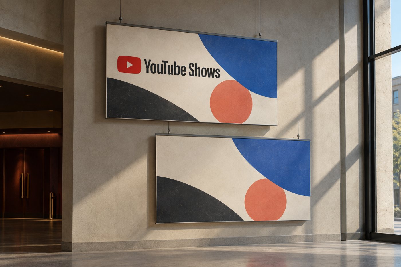 Dua artwork 16:9 YouTube Shows memakai komposisi sama, dengan identitas pada banner dan tanpa tulisan pada backdrop.