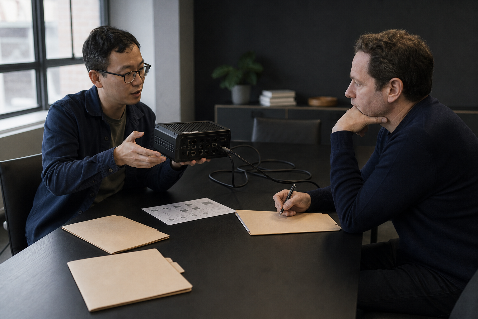 Founder presenting an AI infrastructure prototype during a selective venture meeting