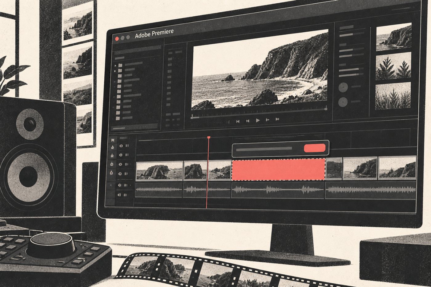 Adobe Premiere时间线圈定素材缺口后打开生成任务栏