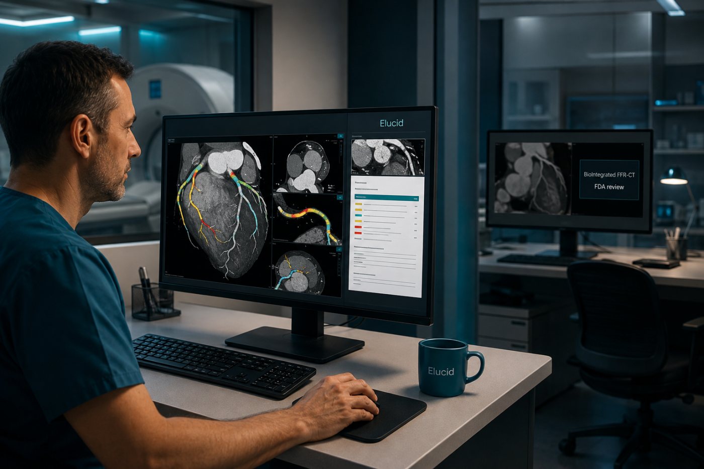 Elucid Plaque-IQ producing a cleared coronary plaque analysis while BioIntegrated FFR-CT remains in a separate premarket workflow.