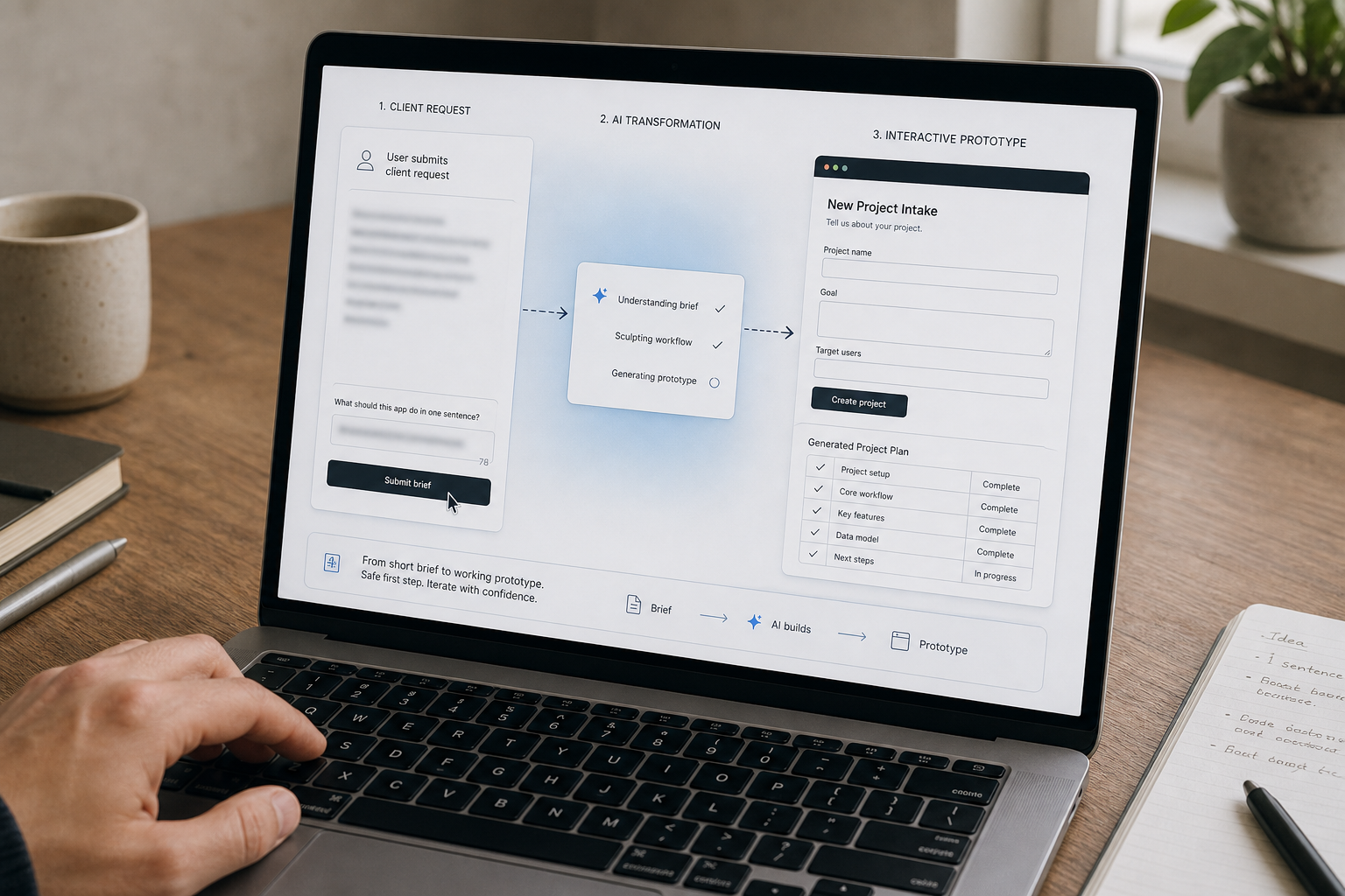 Plain-English product brief превращается в интерактивный прототип SaaS-приложения