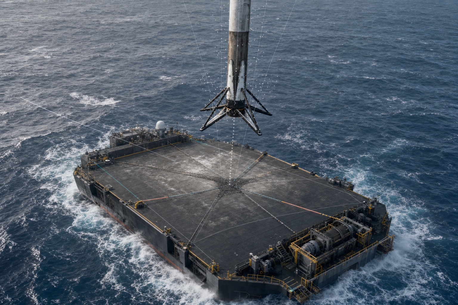 Offshore recovery vessel coordinating tracking and cable capture of the Long March-10B first stage