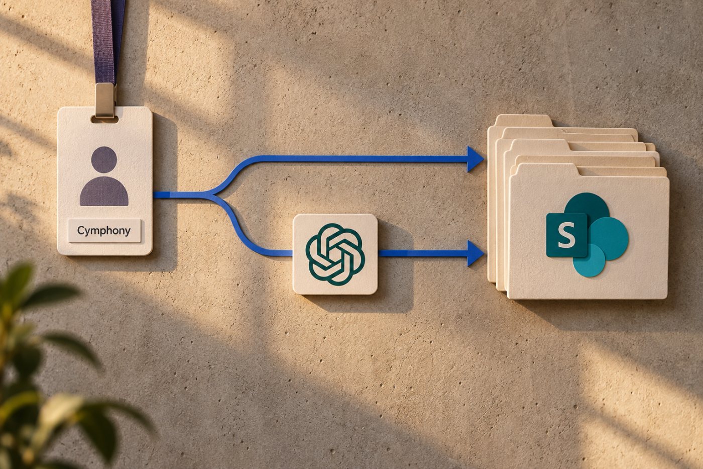 An employee permission path extending through a connected AI assistant to SharePoint files